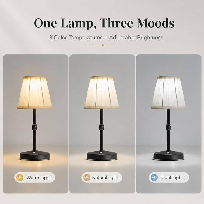 3000mah Battery Powered Lamp for Home,Small Cordless Lamps Rechargeable,3 Color Temperature 5W LED Touch Lamp Battery Operated Table Lights,Wireless Lamps for Tables,Kitchen,Living Room (Black,H11”)