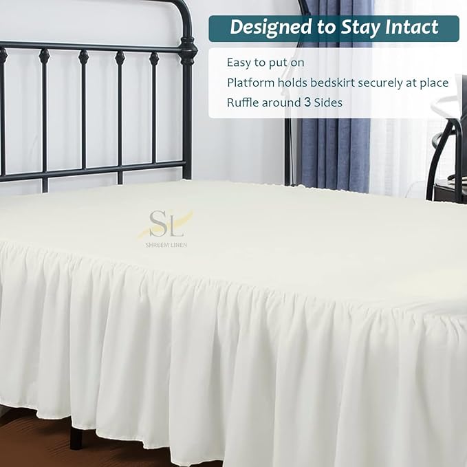 Shreem Linen Ruffled Bed Skirt with Split Corners, Gathered Style, 100% Microfiber, 18-Inch Drop, Dust Ruffle Bedskirt with Platform, Twin, Ivory