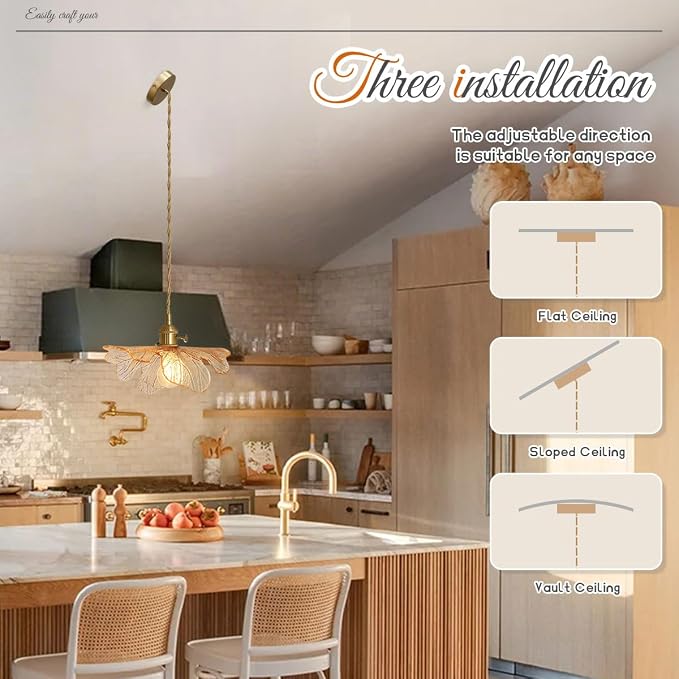 Pendant Lights Set of 2, Hand Blown Amber Glass Brass Gold Hanging Lighting, Adjustable 59” Cord Mid Century Modern Fixture, Sloped Ceiling Compatible for Kitchen Island Dining Room