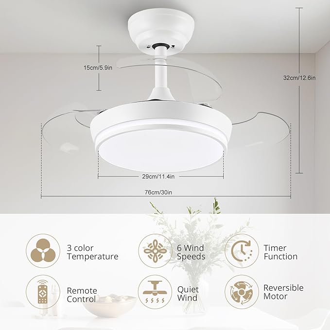 STERREN 30" Retractable Ceiling Fans with Lights, Dimmable LED Ceiling Fan Remote Control, Modern Small Fan Light for Bedroom Living Room Dinning Room Kitchen, 3000K-6500K, 6 Speed (White)