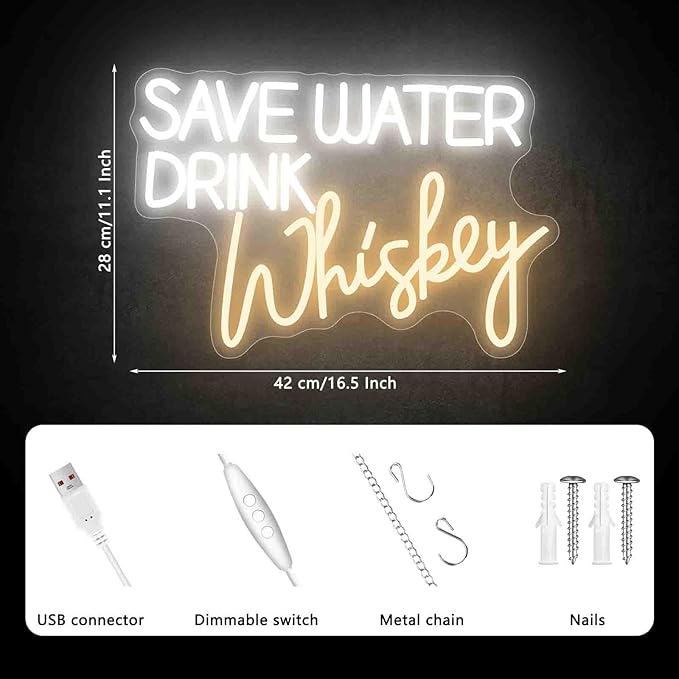 Save Water Drink Whiskey Neon Sign, Neon Signs for Wall Decor, Dimmable Led Signs for Bedroom, Light Up Signs for Home Bar Man Cave Pub Restaurant Bistro Club Birthday Party Decorations Gifts