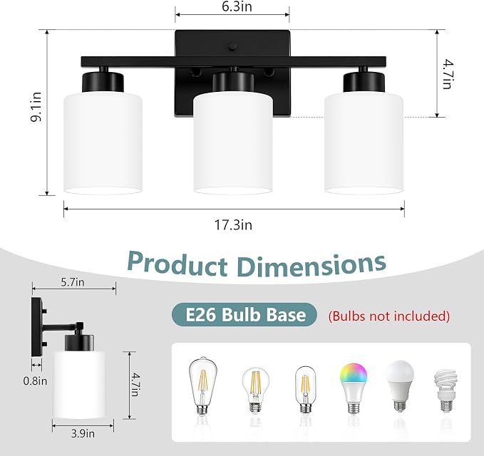 Black Bathroom Light Fixtures Vanity Lighting Over Mirror | 3-Light Modern Wall Sconces with Milky White Frosted Glass Shades for Restroom (E26 Socket)