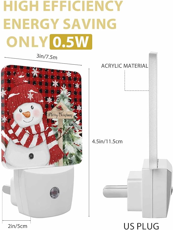Christmas Night Lights Plug into Wall LED Night Light Snowman Snowflakes Winter Christmas Tree Plaid Automatic Dimmable Dusk-to-Dawn Square Shaped Smart Nightlight for Bathroom/Bedroom