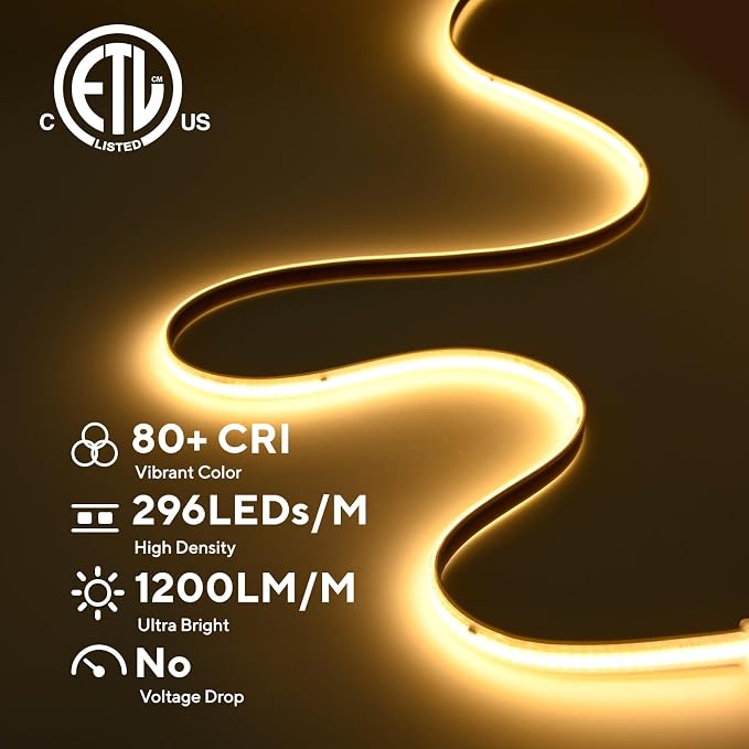 ETL COB LED Rope Light IP65 AC 120V 49.2FT 1200lm Ultra Bright 3000K White | IP65 Waterproof ETL Light Strip No Driver Tape Lighting for Home Commercial LED Strip Light 3000K Warm White (16.4FT+32.8FT)