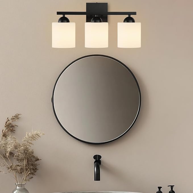 3-Light Matte Black Bathroom Vanity Light, Modern Bathroom Light Fixtures Over Mirror, Farmhouse Wall Sconce with Milky White Glass Shades, E26 Socket