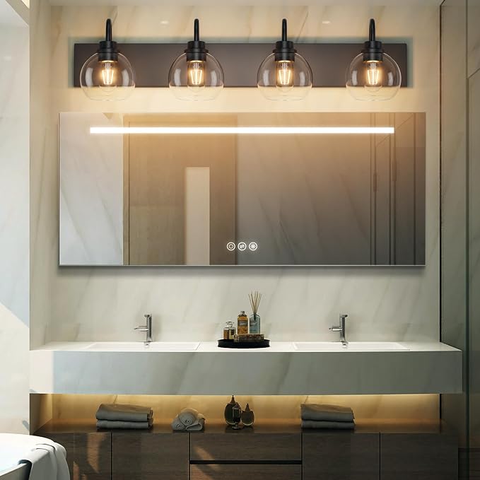 Vanity Light Fixtures With Clear Glass Shade, 4-Light Modern Lights Over Mirror, Black Wall Lamp for Bathroom, E26 Base