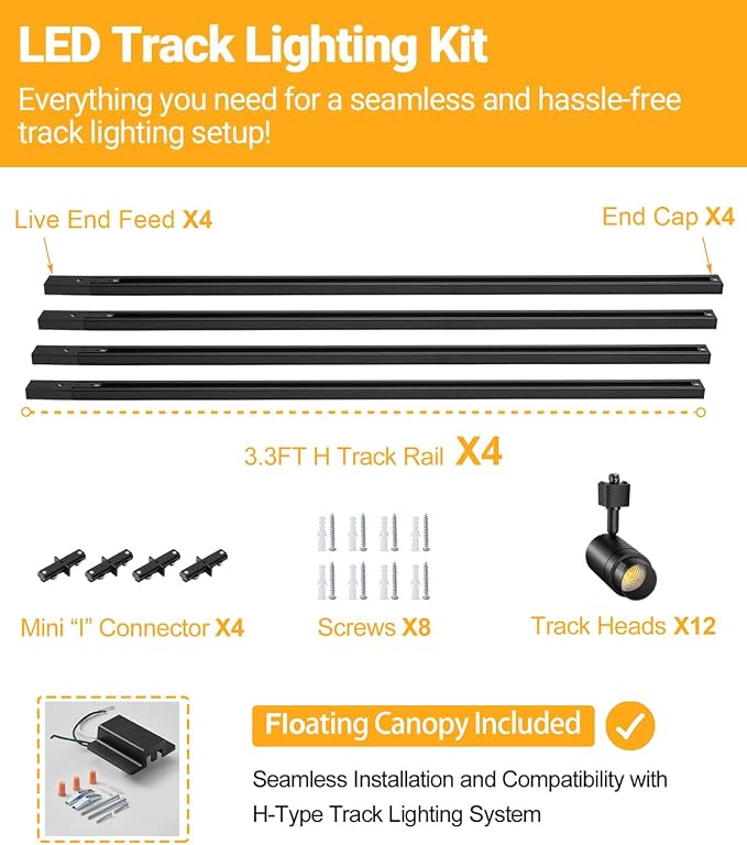 Zoomable 12-Light LED Track Lighting Kit with 13FT H Track Lighting Rail & Floating Canopy Connector, Modern Kitchen Track Lighting Fixtures Ceiling Spotlight, 12W Track Heads 3000K Black