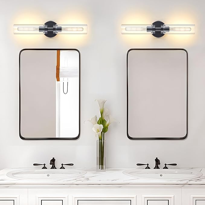 Lanhall 2 Light Bathroom Wall Sconce Set of 2,Modern Farmhouse Black Bathroom Light Fixture Over Mirror with Clear Glass Shade,Bathroom Vanity Light for Hallway Cabinet Bedroom Stairway Porch