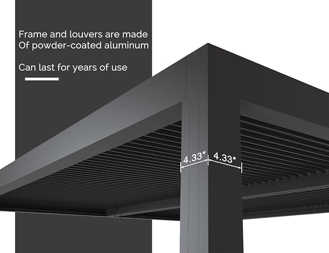 PURPLE LEAF Louvered Pergola 12' x 14' 94AS w/ 1W Side Shutter Wall Grey | Rainproof System, Two Adjustable Roofs, 53Mph Wind, Zero-Rust, Plus Privacy Shutters For Private Retreat, 4 Adjustable Roofs