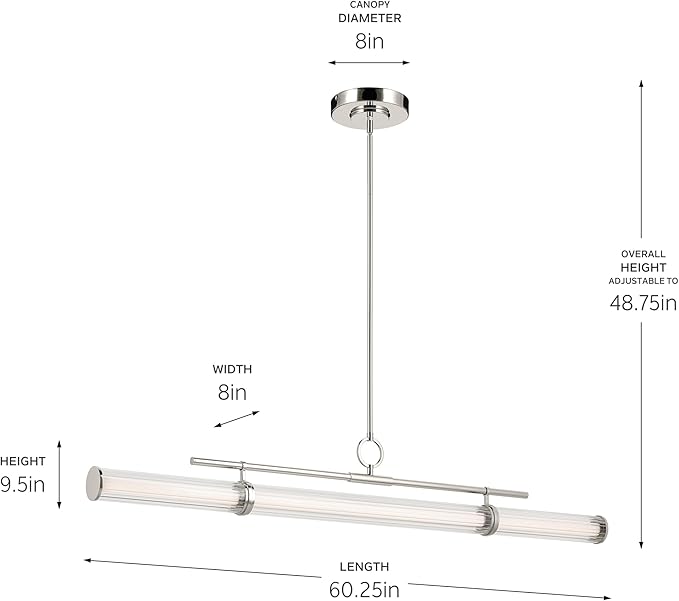 Kichler Riven LED 1-Light Linear Chandelier with Clear Fluted Glass in Polished Nickel, Sloped Ceiling Compatible, for Kitchen or Dining Room (9.5" x 8" x 60.25"),