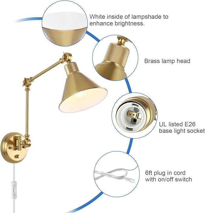 TRLIFE Wall Sconce Plug in, Brushed Brass Dimmable Wall Sconce Swing Arm Wall Lights Plug in Wall Mounted Light with 6FT Plug in Cord, E26 Base, UL Listed(1 Pack)