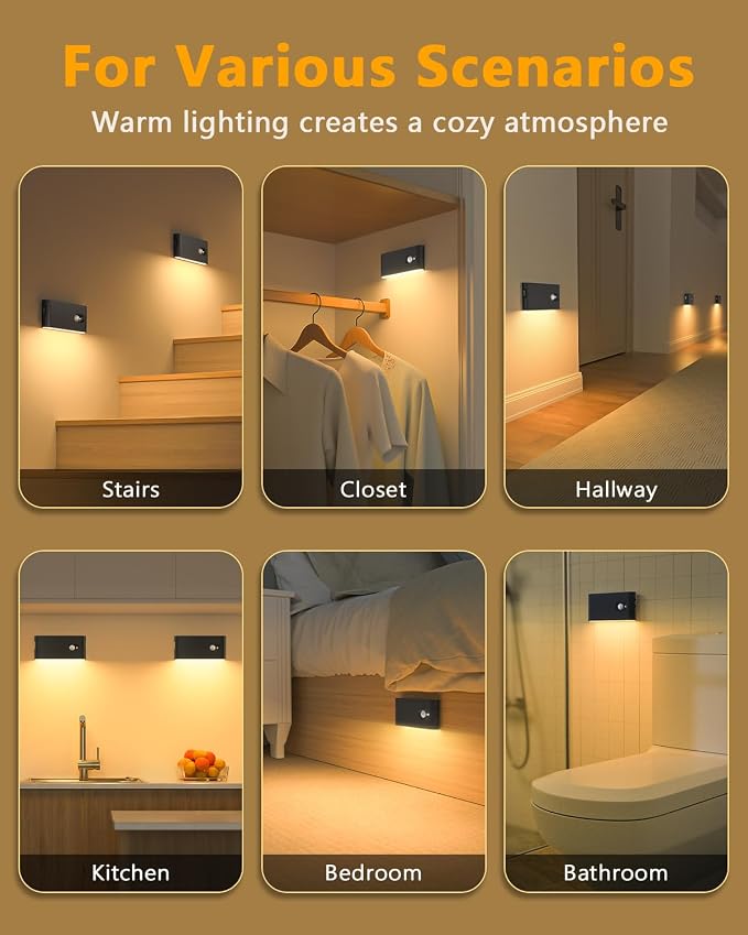 WILLED Motion Sensor Night Lights,Wireless Stair Lights Indoor | Battery Rechargeable Night Lights for Stairway,Hallway,Kitchen,Closet,Cabinet,Bedroom, Kids' Room(4-Pack)