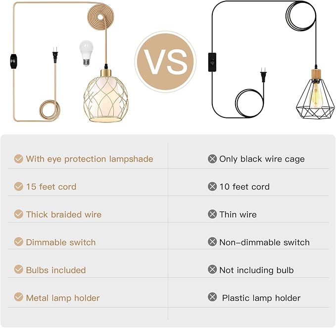 Plug-in Pendant Light, Hanging Lamp with Linen Shade, 15ft Golden Cotton Cord, Plug-in Light Fixture for Bedroom (Bulb Included)