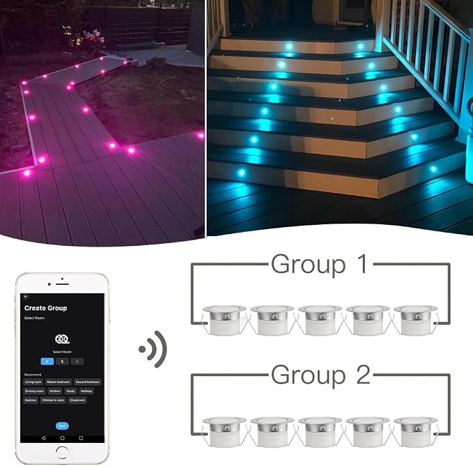 20 Pack 1.22 Inch Smart LED Deck Lights, Low Voltage RGB Outdoor Lighting | Recessed 12V IP67 Waterproof, APP Control, Compatible with Alexa & Google Home, for Patio Stair Steps Landscape Decor