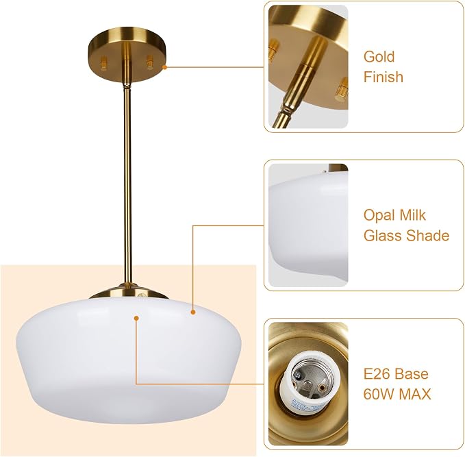 Schoolhouse Pendant Light Fixture, 12" Brass Hanging Light with Opal Milk Glass Shade, Adjustable Farmhouse Globe Pendant Light for Kitchen Island, Dining Room, Hallway, Entryway, Laundry, Bedroom