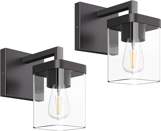 Set of 2 Wall Sconce, Square Design Morden Bathroom Lighting Fixtures with Clear Glass Shade, Matte Black Wall Lights for Living Room/Bedroom/Hallway/Porch