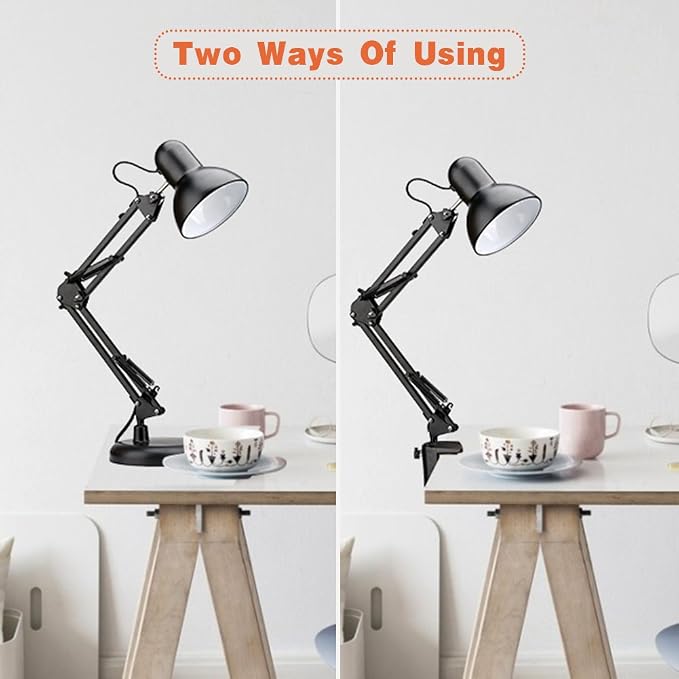 PowerKing Metal Swing Arm Desk Lamps, Adjustable Architect Lamp, Black | Metal Material, Adjustable & Flexible, Fits E26 E27 Bulbs, 2-in-1 Design, Eye-Caring Reading Light, for Home & Office