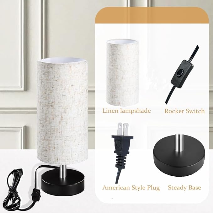 Bedside Table Lamps, Table Lamp for Bedroom, Lamps for Night Stands with Linen Lampshades, Small Table Lamp for Living Room, Office (Bulb Excluded)