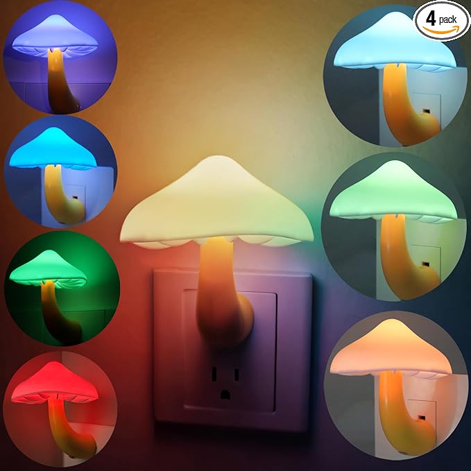 4 Pack LED Mushroom Night Light Plug in Lamp,Light Sensor | Color Change Dusk to Dawn Sensor,Night Lights Plug into Wall,NightLight for Adults Kids Bedroom Bathroom Hallway Kitchen