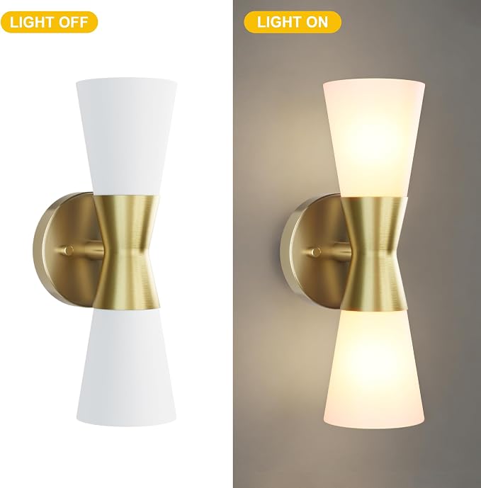 Wall Sconces Set of 2 for Bathroom, Modern Indoor Vanity Light Fixtures 13", Up Down Lighting, Wall Mount Lamp for Living Room Bedroom Hallway Stairway Fireplace Mirror E26 Base 2PC White&Gold