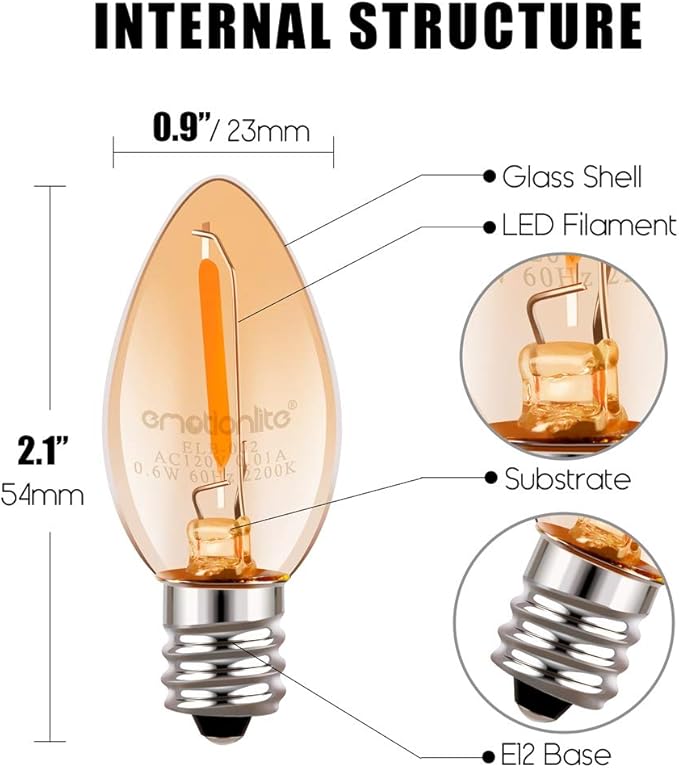Emotionlite Night Light Bulbs, Amber LED C7 Bulb, 4W-7W Equivalent, E12 Candelabra Base, Salt Lamp and Nightlight Replacement Bulb, 0.5W, Amber Yellowish 2200K, 50LM, 30 Pack