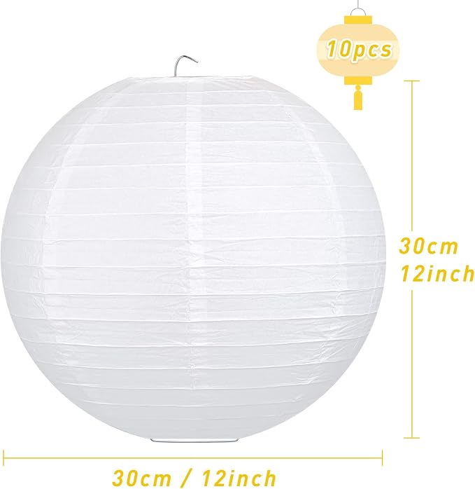 10pcs White Paper Lanterns, 12 inch Hanging Lantern | Hanging Round Chinese Paper Lanterns, for Party Decoration, Wedding Anniversary