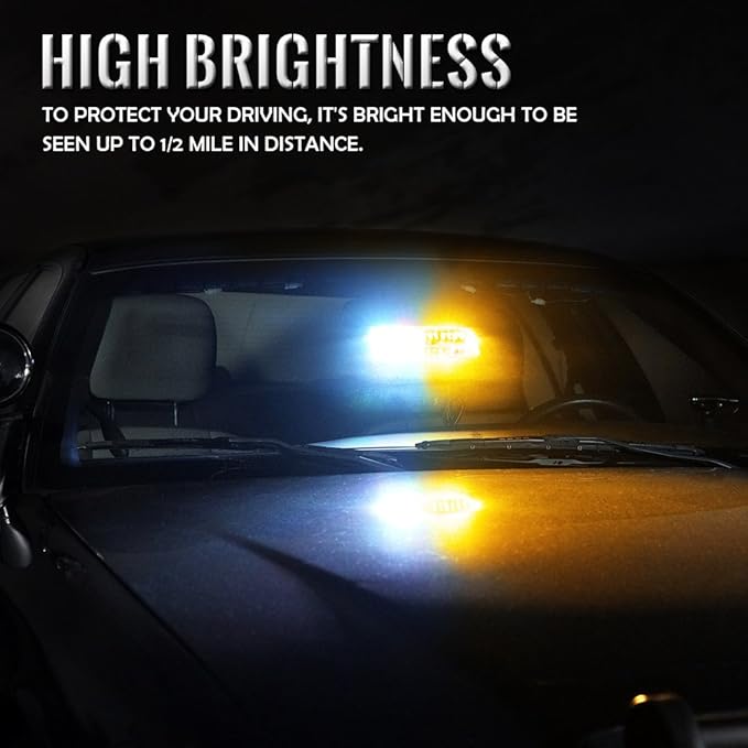Xprite Amber White LED Emergency Dash Strobe Light, Interior Windshield Safety Warning Traffic Lights w/Suction Cups, 12V Windshield Visor Light Bar for Construction Trucks Plows Postal Security Cars