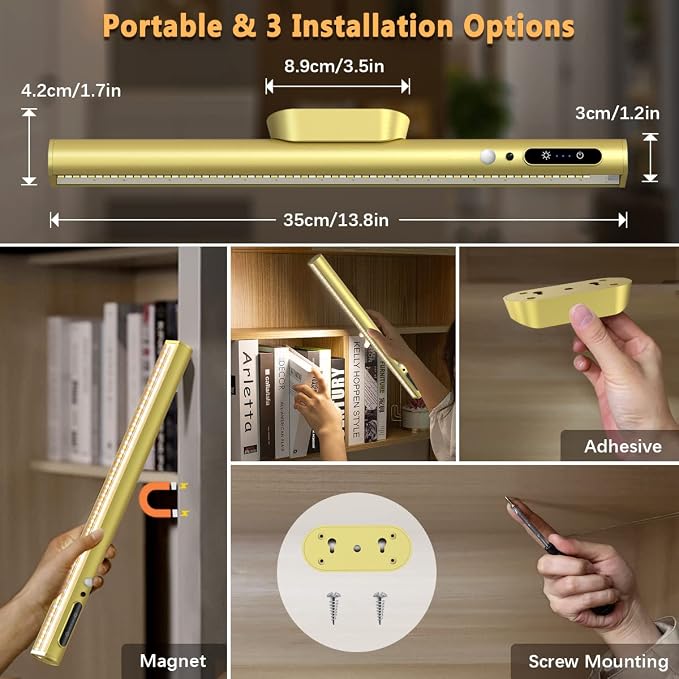Battery Powered Operated Wall Strip Light with Motion Sensor | LED Light Bar, Rechargeable Magnetic Under Cabinet Lighting Wireless with Remote Control for Desk Mirror Closet Gold