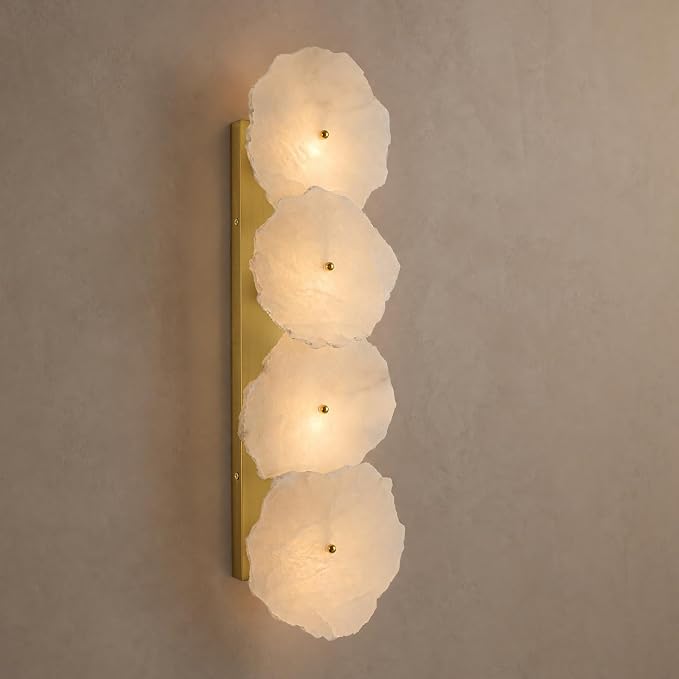 Alabaster Wall Sconce, 4-Light Luxury Spanish Natural Marble Wall Sconce, Brushed Gold Alabaster Sconces, Indoor Bathroom Sconces Wall Light for Foyer, Stairs, Dining Room, Art Deco(1 Pack