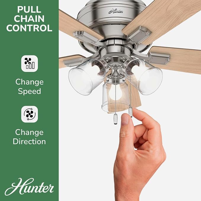 Hunter Crestfield, Indoor, Ceiling Fan, Quiet, 42 inch, Brushed Nickel | with LED Lights and Pull Chain, Low Profile Flush Mount, 5 Blades, For Bedroom, Living Room, Kitchen, 52154