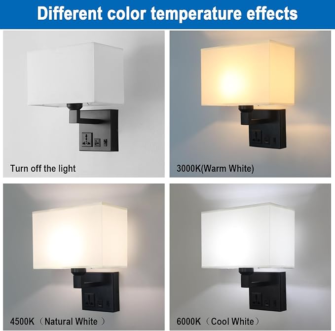 Plug in Wall Sconces, Wall Lamp with Black Base Square lampshade | Wall Lights for Bedroom Bulb Included, Wall Mounted Lamp with 3 Color Temperature, Bedside Lamps with USB Ports and AC Outlet
