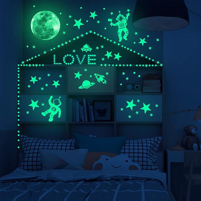DIY Creativity Starry Sky Astronaut Night Light Stickers Cartoon Rabbit Wall Stickers Star Spaceship Night Light Stickers Room Decoration Wall Stickers (Space World)