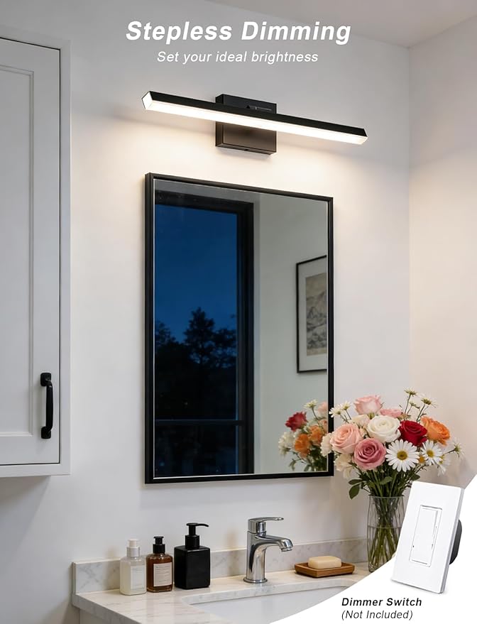 IZORRO Modern Bathroom Vanity Light 24 inch, Rotatable, 16W Dimmable Led Bathroom Light Fixture Over Mirror, Black Vanity Light Bar (Cool White 6000K)