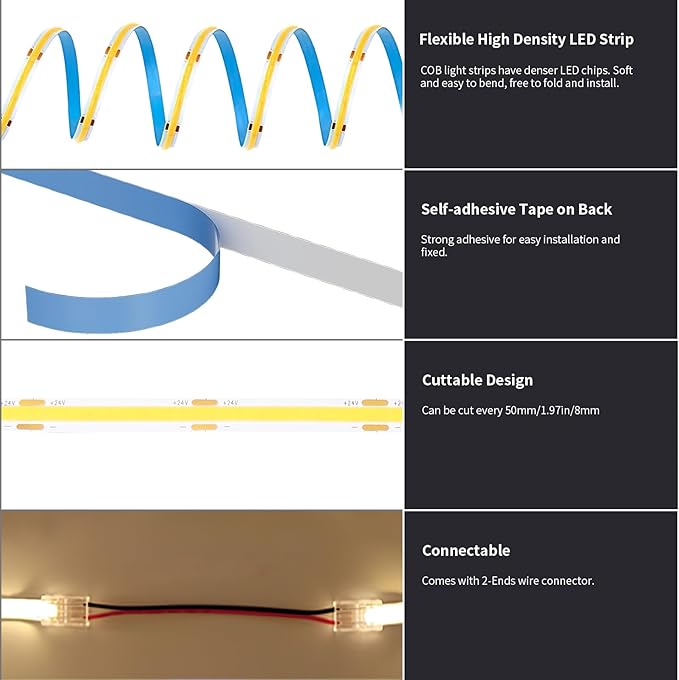 COB LED Strip Light 40ft/12m (1 Roll) Cool White 6500K High Lumen CRI 90+ with UL Listed Power Adapter RF Remote for Bedroom Counter Under Cabinet Kitchen Projects