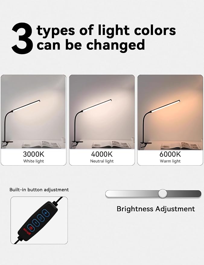 2 Pack LED Desk Lamp with Clamp,Eye-Friendly Clip on Lights for Home Office Study Reading,3 Modes 10 Brightness,Long Flexible Goose-Neck,Swing Arm Architect Task Table Lamps USB Usage