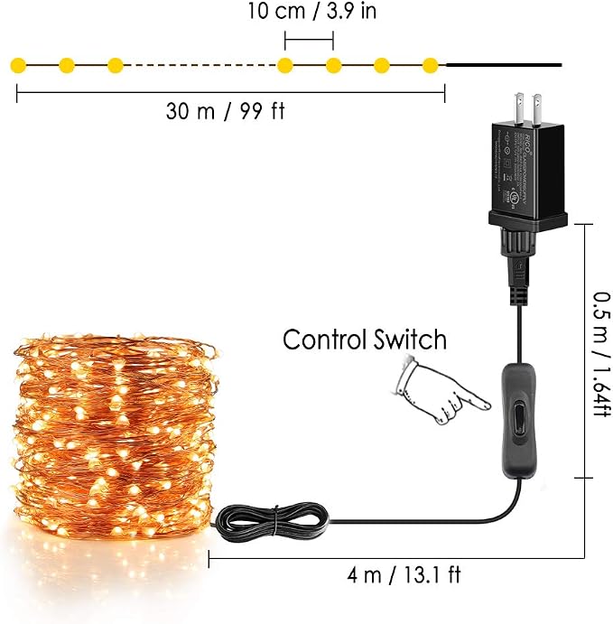 LED String Lights 99ft UL Listed Plug in Fairy Lights 300 LED Warm White Waterproof Copper String Lights with ON/Off Switch for Bedroom Patio Birthday Wedding Valentines Day Decor