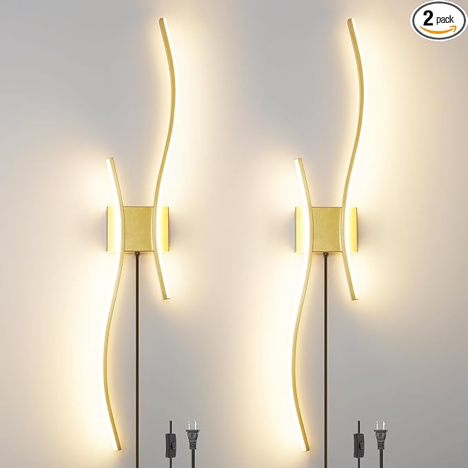 Daunton Modern Gold Plug in Wall Sconces Set of 2 - Smart Dimmable LED Wall Lights with Remote, 3CCT Adjustable & Memory Function, Timer Setting - No Wiring Needed for Living Room, Bedroom, Hallway
