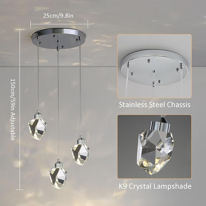 Modern Crystal Pendant Light, 3-Color LED Crystal Pendant Lamp, Adjustable Height Silver Ceiling Hanging Lamp, for Kitchen Island Bedroom Living Room Dining Room Lighting (3-Head Round Base)