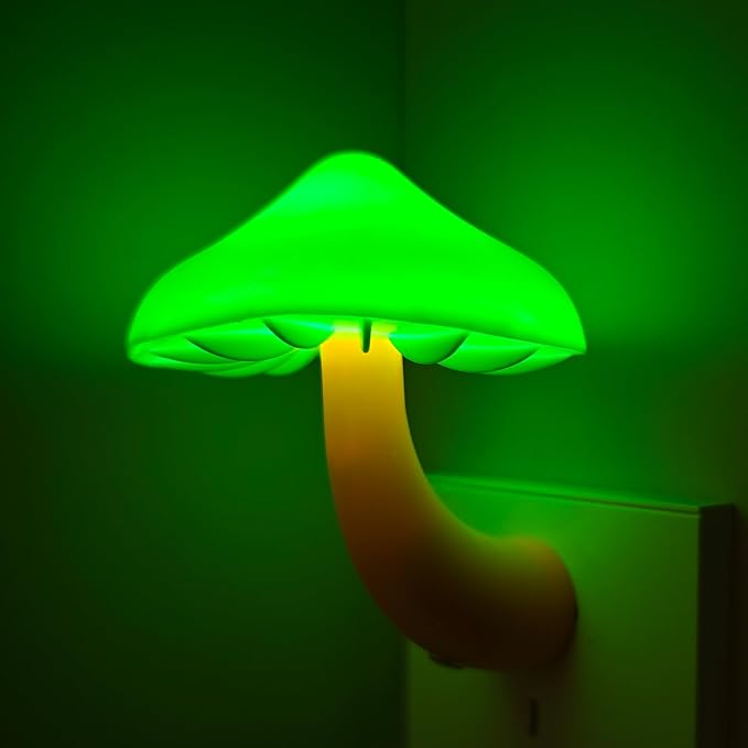 LED Mushroom Night Light Plug in Lamp, Light Sensor Night Lights | Plug into Wall, Dusk to Dawn Sensor Night Light for Adults Kids Room Bedroom Bathroom Hallway Kitchen (1, Green)