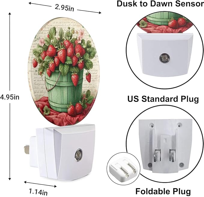 Plug-in Vintage Strawberry Still Life Night Light Basket of Fresh Strawberries Night Lights Plug into Wall with Auto on/Off Sensor, 0.5W LED Nightlight for Bedroom Bathroom
