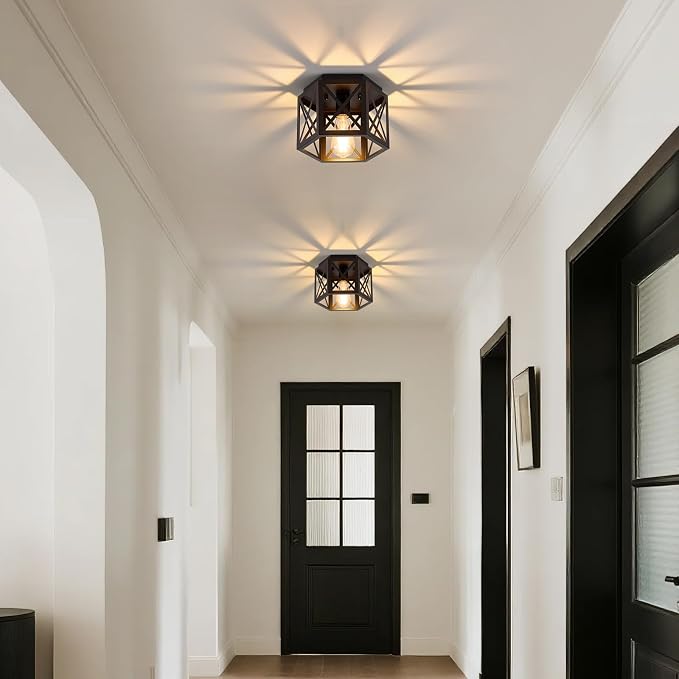 XSDeTu 2 Pack Flush Mount Ceiling Light, 1-Light Black Light Fixtures Ceiling Mount, Small Flush Mount Lamp with Hexagonal Metal Cage, Farmhouse Chandeliers for Hallway Kitchen Sink Entryway Foyer