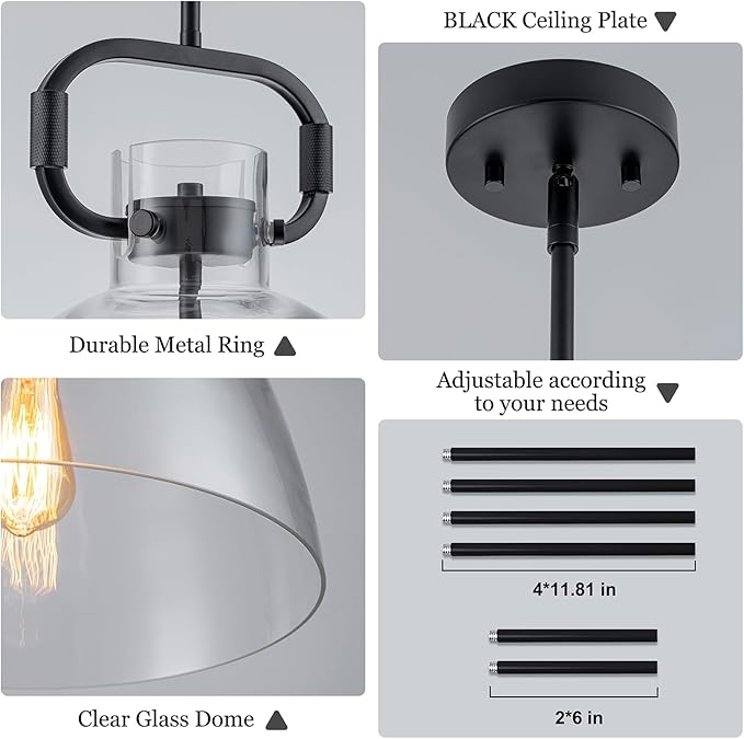 14'' Large Black Pendant Lights Kitchen Island, 1-Light Farmhouses Pendant Lighting Fixture, Adjustable Cord Modern Glass Island Light for Kitchen Bedroom Dining Room, E26