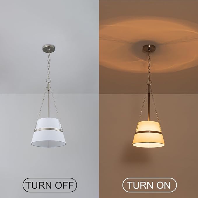 11.4" Brushed Nickel Drum Pendant Lights Kitchen Island White Fabric Shade | Modern Transitional, Cone Shape, 3 Side Chains, 1-Light, Breakfast Nook, Reading Corner, Adjustable Height 11.42"W x 23.82"H