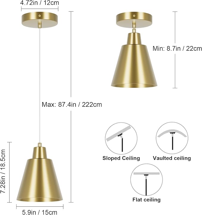 Industrial Pendant Lights, Brass Pendant Light Fixtures, Vintage Kitchen Island Lights with Metal Shade, Farmhouse Pendant Lights for Dinning Table Bedroom Bar - Brass, 3 Packs