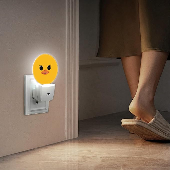 Round LED Night Lights Lamp with Dusk to Dawn Sensor, Bright Yellow Backdrop with Cartoon Duck Visage Night Light Plug Into Wall for Kids Room, Bedroom, Bathroom, Kitchen, Hallway