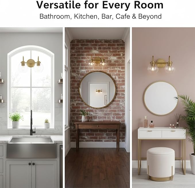 Gold Bathroom Light Fixtures 2 Light Vanity Lights Over Mirror with Clear Glass Lamps Shades Bathroom Wall Lamp for Mirror Kitchen Bedroom Hallway Living Room