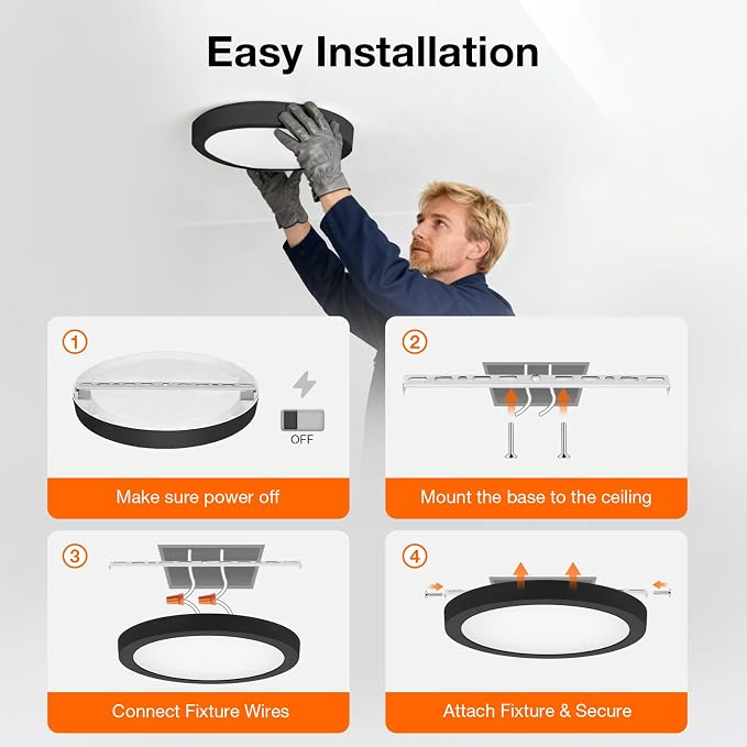 Sylvania 12" LED Flush Mount Ceiling Light Fixture, 24W, 1600 LMS, Hardwired, 3000K, Warm White, Black, LED Lights for Bedroom Kitchen Hallway Porch - 1 Pack (66459)
