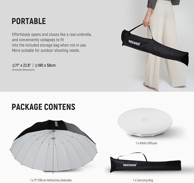 NEEWER 71"/180cm Parabolic Reflective Umbrella Photography with White Inner, Soft Lighting with Diffuser Cover, Bag, Quick Fold for Camera Photo Studio Video Light Shooting Monolight Flash, NS4U | Soft Lighting, with Diffuser Cover, Bag, Quick Fold, fo...