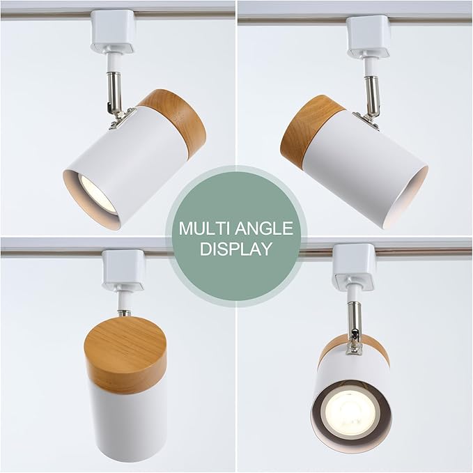 H Type 6 Track Lighting Heads, Natural Solid Wood and Matte White Lampshade Spotlights, Brushed Nickel Swivel Item Kit