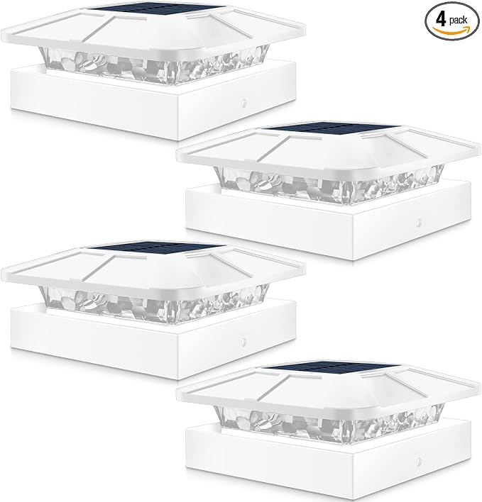 4 Packs 4x4 White Solar Post Cap Lights Outdoor with 3 Modes | Fence Post Light Solar Powered Fit 4×4/3.5×3.5 Wood/Vinyl Posts, Waterproof Post Topper for Deck Yard Garden Porch Outside